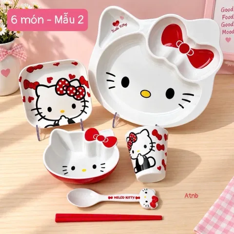 set khay đựng đồ ăn hello kitty cho bé – bộ bát đĩa cốc thìa đũa dễ thương