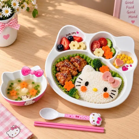 set khay đựng đồ ăn hello kitty cho bé – bộ bát đĩa cốc thìa đũa dễ thương
