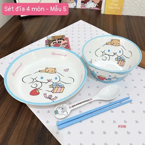 set bát đĩa hoạt hình cho bé gồm đĩa lớn, bát, thìa và đũa dễ thương