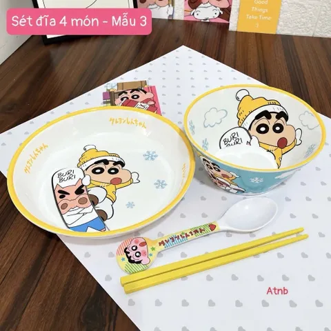 set bát đĩa hoạt hình cho bé gồm đĩa lớn, bát, thìa và đũa dễ thương