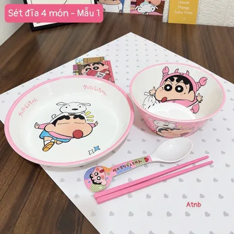 set bát đĩa hoạt hình cho bé gồm đĩa lớn, bát, thìa và đũa dễ thương