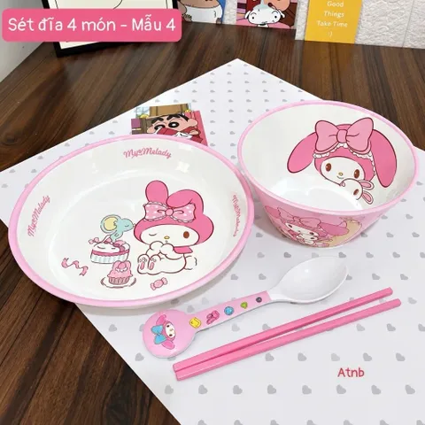 set bát đĩa hoạt hình cho bé gồm đĩa lớn, bát, thìa và đũa dễ thương