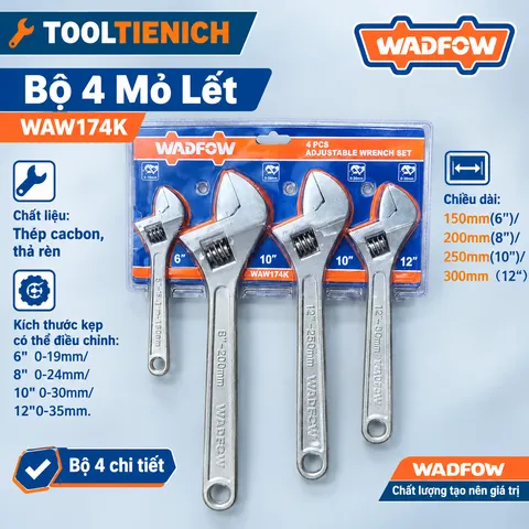Bộ 4 Mỏ Lết Wadfow WAW174K 6-8-10-12 Inch Thép Carbon Thả Rèn Điều Chỉnh