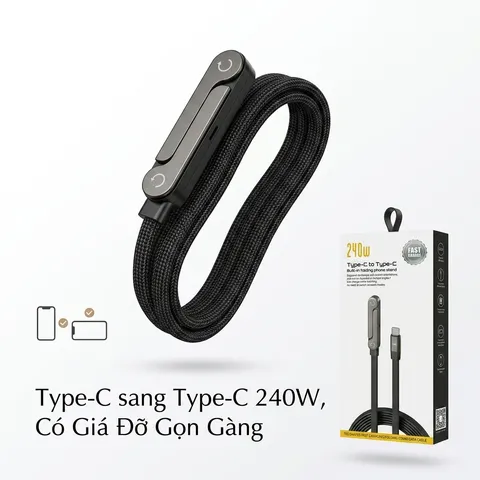 Cáp Sạc Nhanh C to C 240W dây dù, Kiêm Giá Đỡ Điện Thoại Gấp Gọn, công suất 60W ( hàng Amazon ) (P137007)