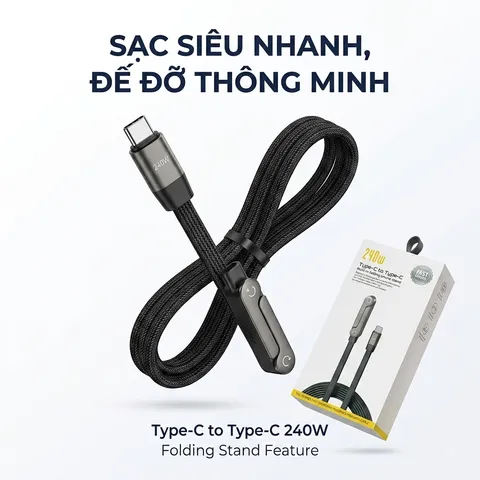Cáp Sạc Nhanh C to C 240W dây dù, Kiêm Giá Đỡ Điện Thoại Gấp Gọn, công suất 60W ( hàng Amazon ) (P137007)