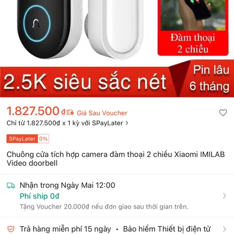 Chuông cửa thông minh tích hợp camera Xiaomi IMILAB, kết nối app, bản quốc tế (P130841)