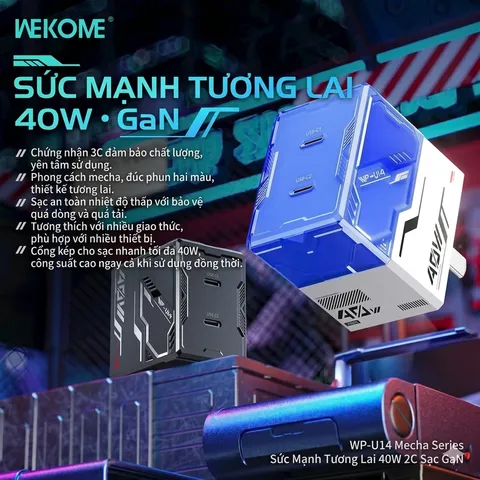 Củ sạc nhanh 40W WEKOME WP-U14, 2 cổng C, công nghệ GaN ( ko hộp ) (P129990)