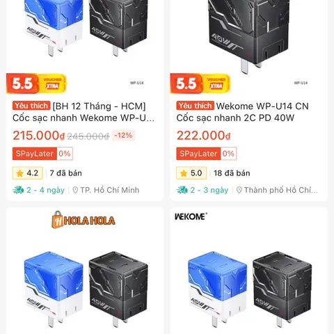 Củ sạc nhanh 40W WEKOME WP-U14, 2 cổng C, công nghệ GaN ( ko hộp ) (P129990)