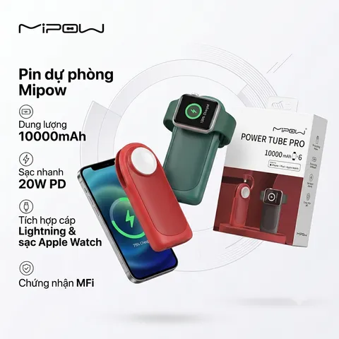 Pin dự phòng MiPOW Power Tube Pro 10000mAh, Liền cáp Lightning có MFI, sạc nhanh 20W,sạc Apple watch (P129689)