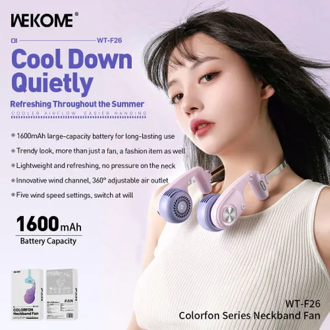 Quạt đeo cổ WEKOME WT-F26, siêu nhẹ, 5 tốc độ, gió 360 độ, gọng hợp kim (P129196)