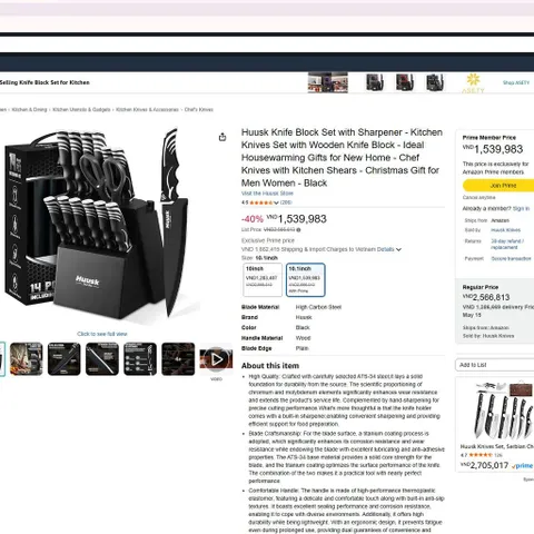 Bộ dao bếp 12 chiếc hãng HUUSK ( hàng Amazon Mỹ ) - ko gồm kéo & đế cắm dao (P128963)