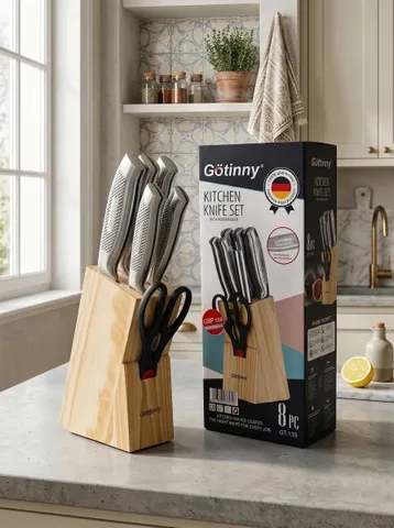 Bộ dao bếp 8 món hãng GÖTTINNY, kèm đế dao bằng gỗ (P126372)