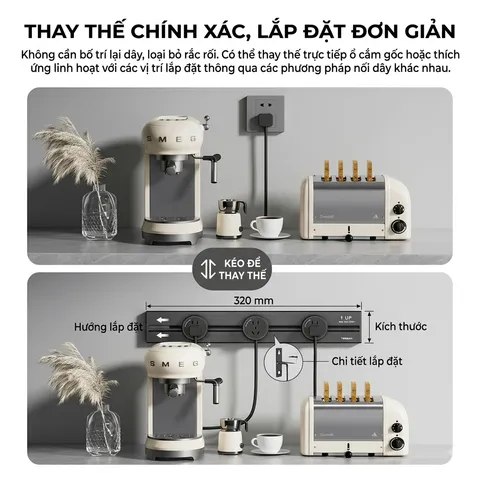Ổ điện ray gắn tường công suất cao 8000W hãng TESSAN , dài 60cm, với 3 ổ cắm di chuyển được (P112606)