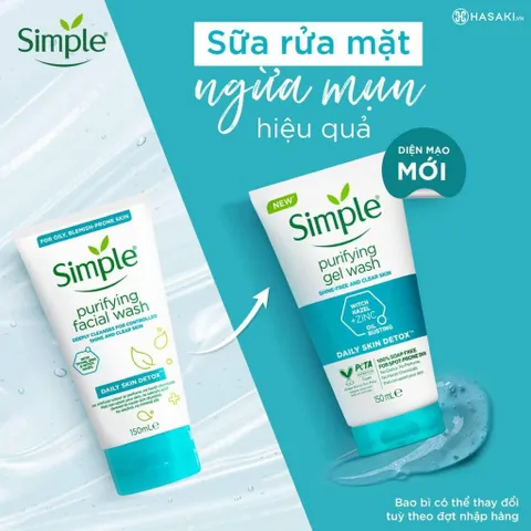 Sữa rửa mặt Simple xanh dương Purifying Gel Wash cho da dầu mụn 150ml