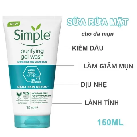 Sữa rửa mặt Simple xanh dương Purifying Gel Wash cho da dầu mụn 150ml