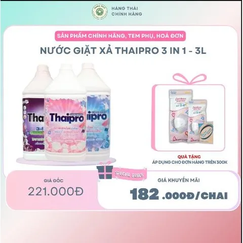 NƯỚC GIẶT XẢ CAO CẤP THAIPRO 3 IN 1 3L - giúp giặt sạch những vết bẩn khó giặt , giữ màu quần áo và lưu lại mùi hương