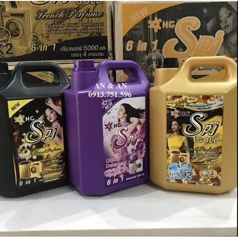 NƯỚC GIẶT SPJ 5L ĐEN, TÍM, CAM  -giúp làm mềm, tơi xốp sợi vải, chăm sóc và lưu hương giúp quần áo luôn ngát hương thơm.