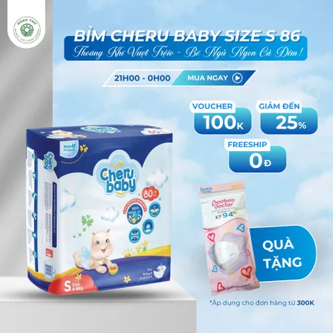 Bỉm dán cho bé CheruBaby S86 thấm hút nhanh chống tràn dành cho bé 4-8kg bịch 86miếng an toàn cho bé