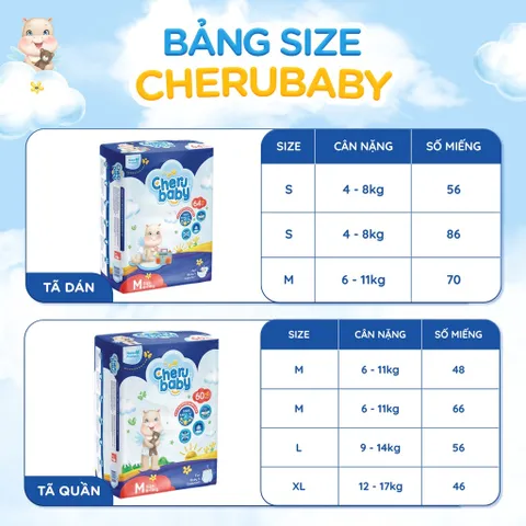 Bỉm dán cho bé CheruBaby S86 thấm hút nhanh chống tràn dành cho bé 4-8kg bịch 86miếng an toàn cho bé