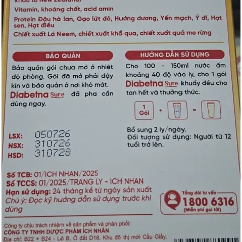 Gói Sữa Diabetna Sure 20g- Sữa hạt dành cho người tiểu đường