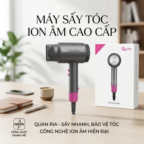 Máy sấy hãng QuanRia bổ sung ion âm 1600W, 2 chiều nóng lạnh ( vỏ dính tay, lau cồn là hết) (P6512)