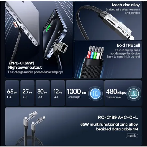 Cáp sạc đa năng 4in1 sạc tương thích nhiều cổng REMAX 65W RC-C189 thiết kế dây bện chống rối. (P134943)