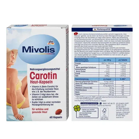 Viên Uống Chống Nắng Mivolis Carotin Das Gesunde Plus Đức - Bảo Vệ Da, Chống Tia UV, 60 Viên Hỗ Trợ Sắc Đẹp Từ Bên Trong 822999