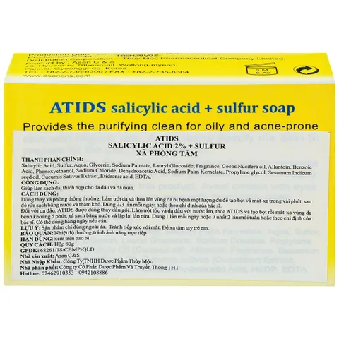 Xà Phòng Tắm Atids Salicylic Acid 2% + Sulfur Giảm Dầu Và Mụn Lưng, Ngực Hộp 80g