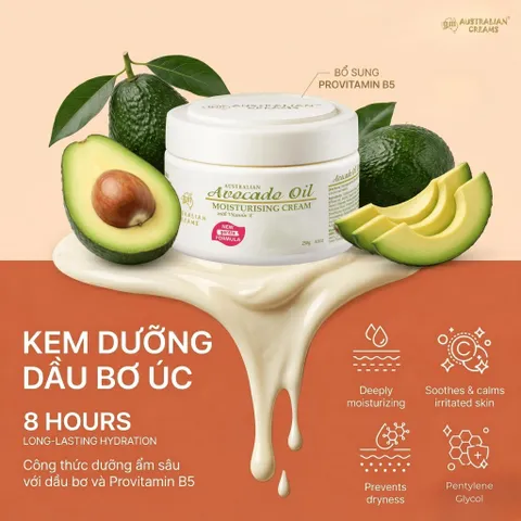 Kem Dưỡng Bơ Úc Creams Avocado Oil Moisturising Cream 250g - Dưỡng Ẩm Sâu, Mềm Da, Vitamin E Cho Da Khô
