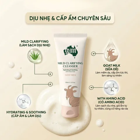 Sữa Rửa Mặt G&M Goat's Milk Mild Clarifying Cleanser 120ml - Sữa Dê & Amino Acids, Làm Sạch Dịu Nhẹ, Dưỡng Ẩm