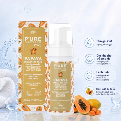 Sữa Tắm Gội Em Bé 2 Trong 1 An Toàn Cho Da Bé Nhạy Cảm PURE PAPAYA CARE 150ML