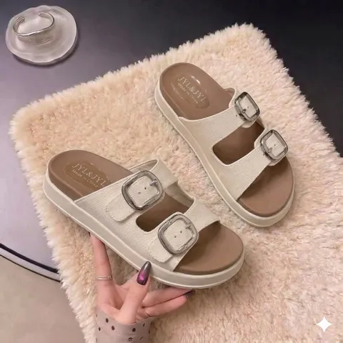 Dép Sandal Nữ 2 Quai Khóa Kim Loại Đế Bánh Mì, Dép Quai Ngang Nhựa Siêu Nhẹ Hack Dáng, Dép Đi Chơi Đi Biển Thời Trang