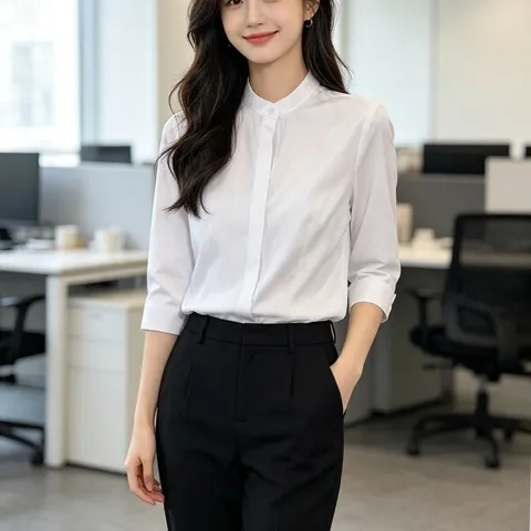 Áo Sơ Mi Nữ Công Sở Du Nguyễn Trắng Tinh Che Nút Tay Dài Tay Lỡ Cổ Tàu Thanh Lịch Size S-4XL