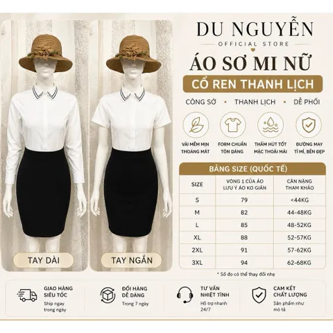 Áo Sơ Mi Nữ Cổ Ren Hoạ Tiết Tay Ngắn, Tay Dài Công Sở Thanh Lịch