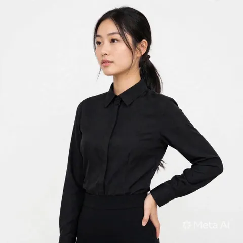 Áo sơ mi đen nữ công sở tay dài, tay ngắn che nút du nguyễn lụa nhung thanh lịch