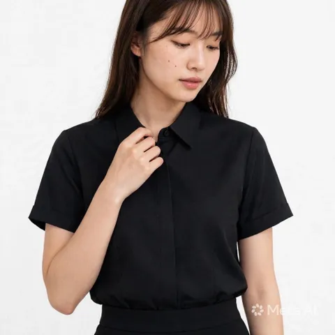 Áo sơ mi đen nữ công sở tay dài, tay ngắn che nút du nguyễn lụa nhung thanh lịch