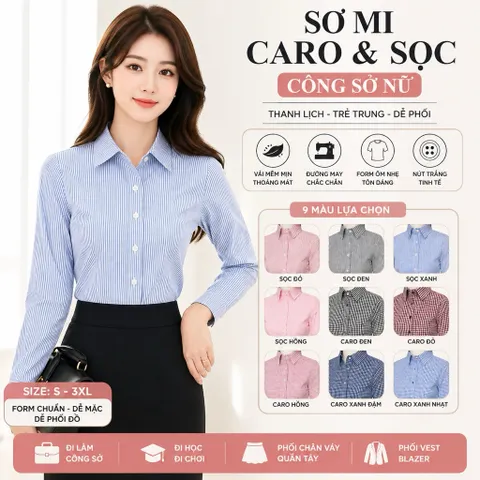 Áo Sơ Mi Nữ Công Sở Caro Sọc Tay Dài Tay Ngắn Form Ôm