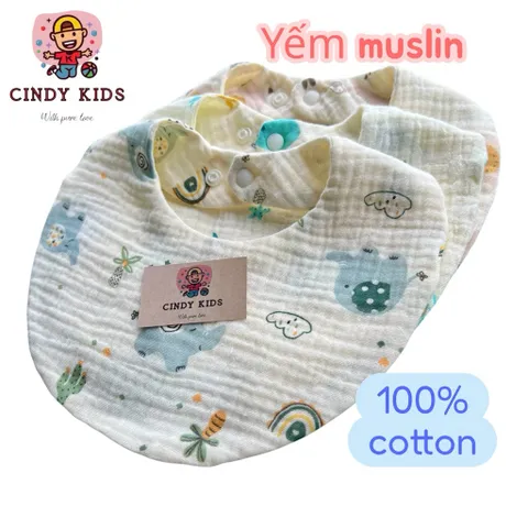 Yếm vải xô muslin 2 mặt hoạ tiết tròn thấm hút tốt nhà Cindy