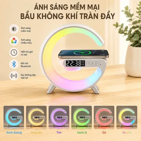 Loa Bluetooth Chữ G Đa Năng, Đèn Led RGB Nháy Theo Nhạc, Đồng Hồ Báo Thức Trang Trí Phòng Ngủ Phòng Khách