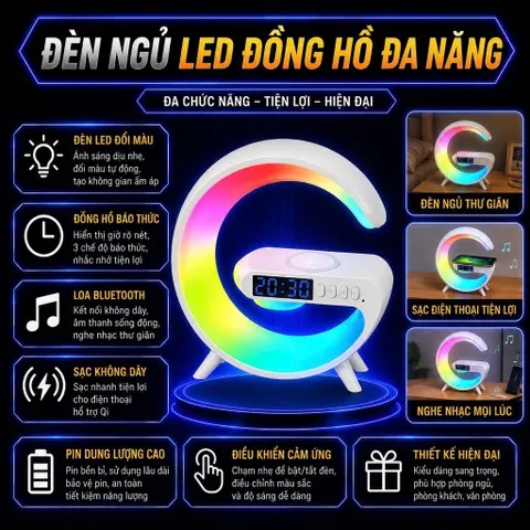 Loa Bluetooth Chữ G Đa Năng, Đèn Led RGB Nháy Theo Nhạc, Đồng Hồ Báo Thức Trang Trí Phòng Ngủ Phòng Khách