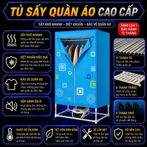Tủ Sấy Quần Áo Cỡ Lớn Khung INOX Chắc Chắn,Chạy Êm Không Gây Ồn