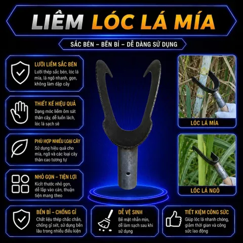 Liềm róc lá mía hai lưỡi cong sắc bén, cán chắc chắn