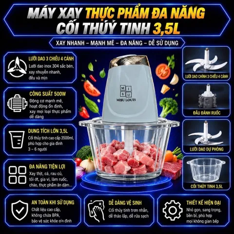 Máy Xay Thực Phẩm Đa Năng Cối Thuỷ Tinh, Xay Thịt Xay Thức Ăn Công Suất Lớn 500w, Dung Tích 3.5L