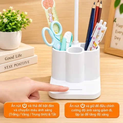 Đèn Bàn Học Đọc Sách Tích Điện Bảo Vệ Mắt Cảm Ứng 3 Chế Độ Ánh Sáng Có Hốc Để Đồ Tiện Lợi