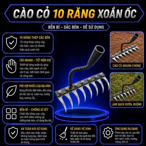 Cào Cỏ 10 Răng Xoắn Ốc Sắc Bén Dày Dặn Tiện Lợi Sử Dụng Dễ Dàng Dụng Cụ Làm Vườn
