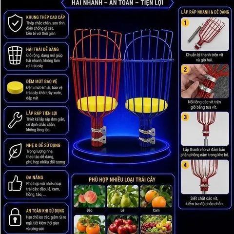 Giỏ hái trái cây dụng cụ giật hái trái cây lồng vặt hoa quả Đầu vợt hái quả, Giỏ hái quả Trên Cao Dễ Sử Dụng