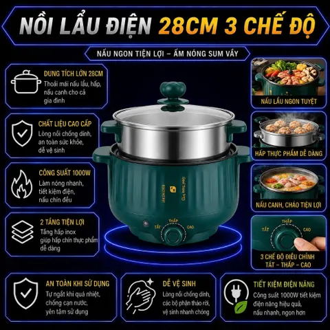 Nồi Lẩu Điện Đa Năng Công Suất Lớn 1000w 2 Tầng 3-4 người ăn Kèm Giá Hấp Inox Dày Dặn