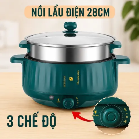 Nồi Lẩu Điện Đa Năng Công Suất Lớn 1000w 2 Tầng 3-4 người ăn Kèm Giá Hấp Inox Dày Dặn
