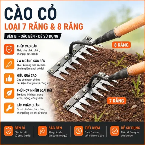 Cào cỏ làm vườn 7 Răng và 8 Răng, Dụng cụ cào cỏ, Làm tơi xốp đất, cào rác bằng thép không rỉ