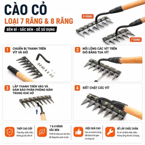 Cào cỏ làm vườn 7 Răng và 8 Răng, Dụng cụ cào cỏ, Làm tơi xốp đất, cào rác bằng thép không rỉ